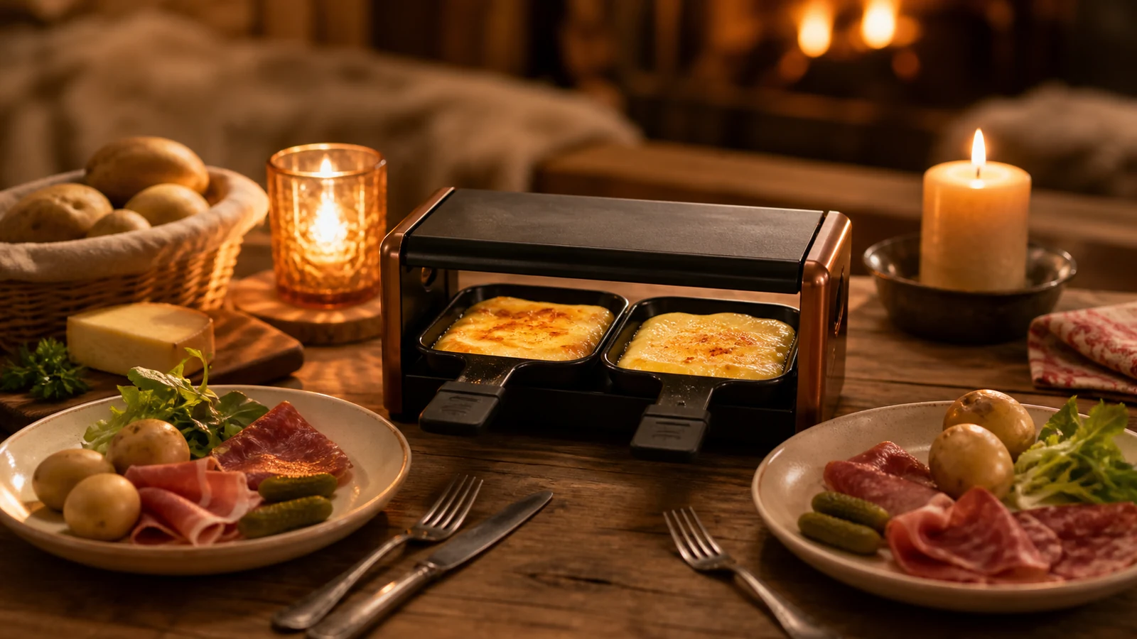 Appareil à raclette pour 2 personnes dressé pour un dîner en duo