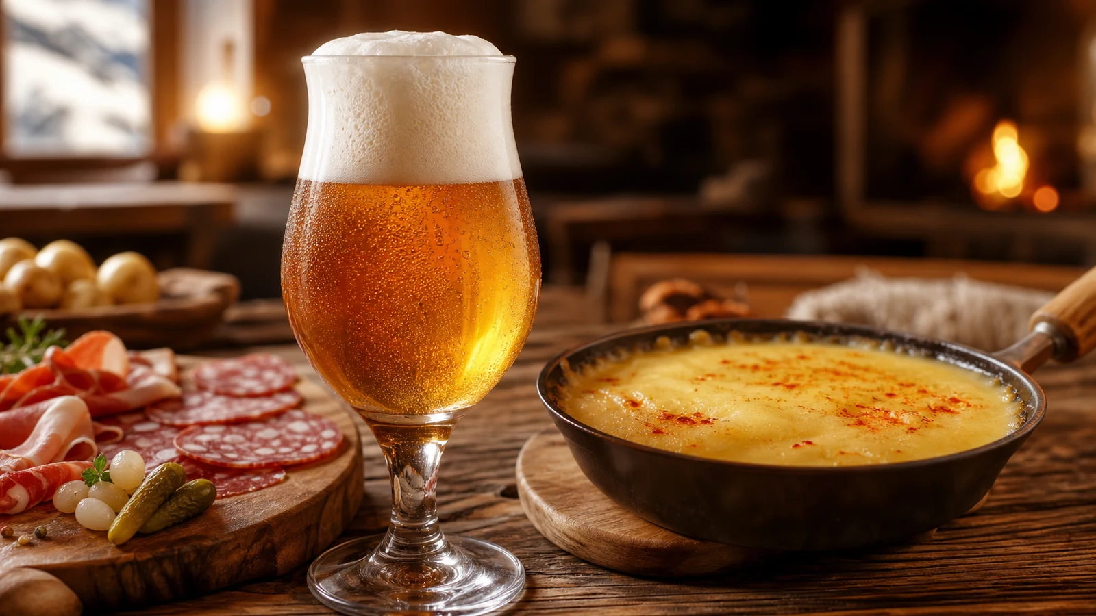 Bière blonde servie avec une raclette et du fromage fondu