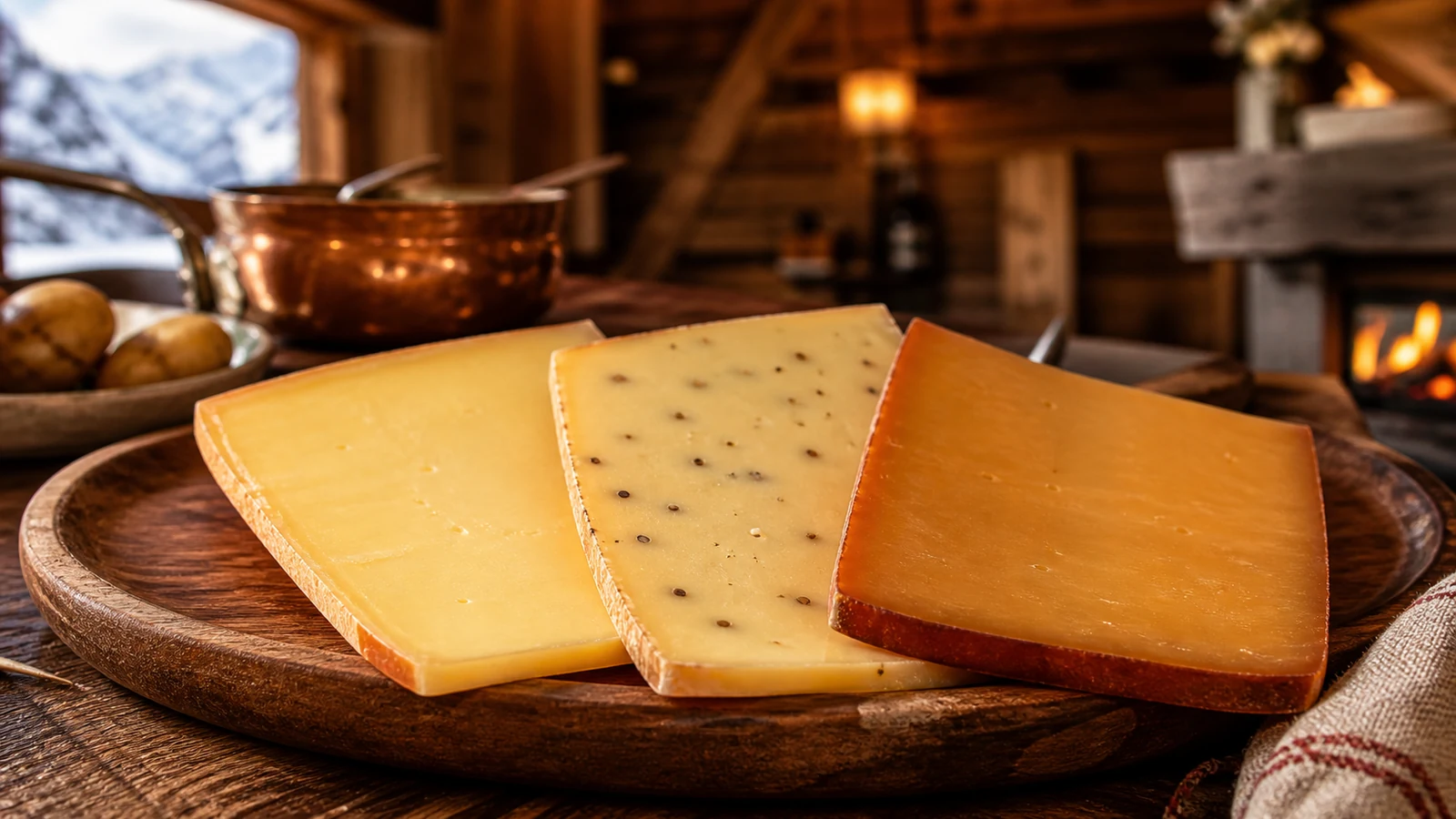 Variantes de fromage à raclette fumée, au poivre et au vin blanc