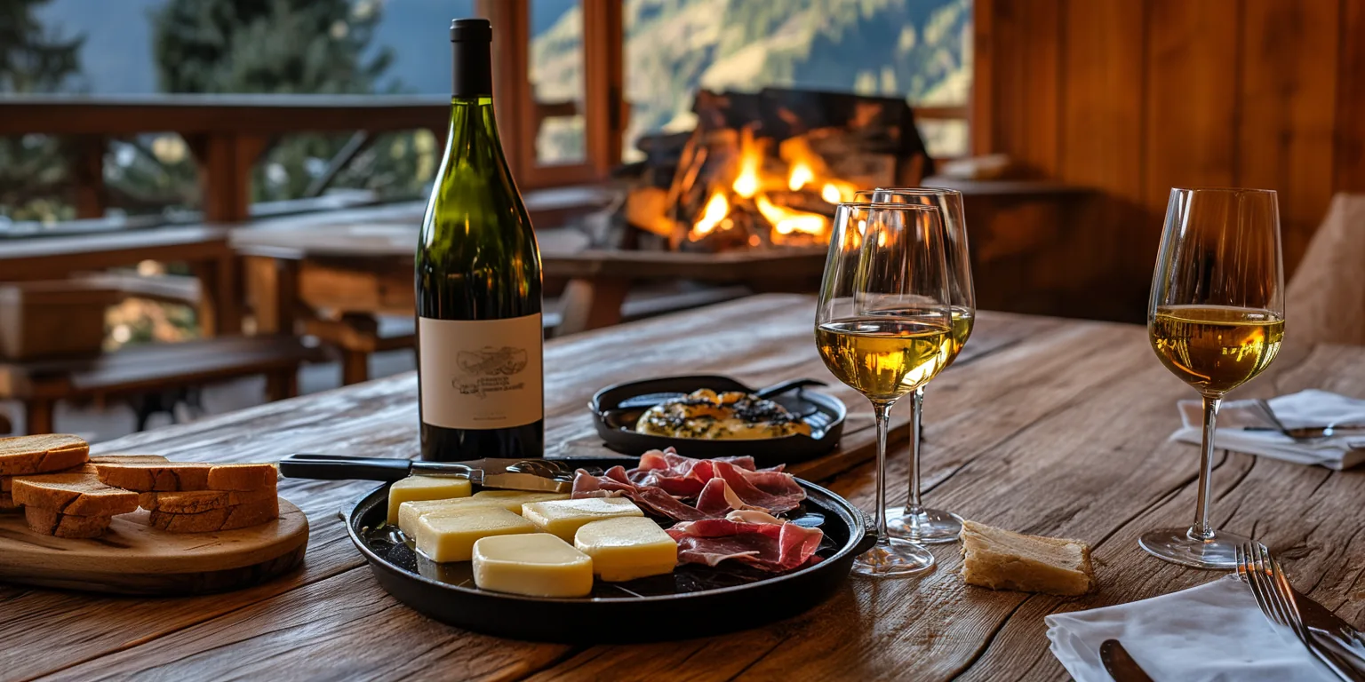 Du vin blanc à côté de raclette avec de la charcuterie