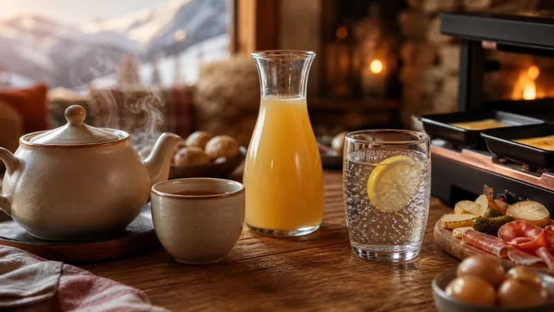 Boissons sans alcool pour la raclette, jus de pomme, eau pétillante et thé