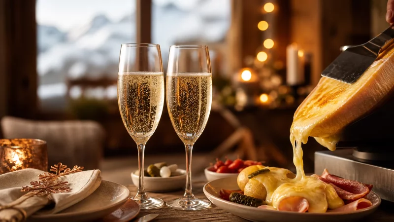 Flûtes de crémant et champagne servies avec une raclette festive