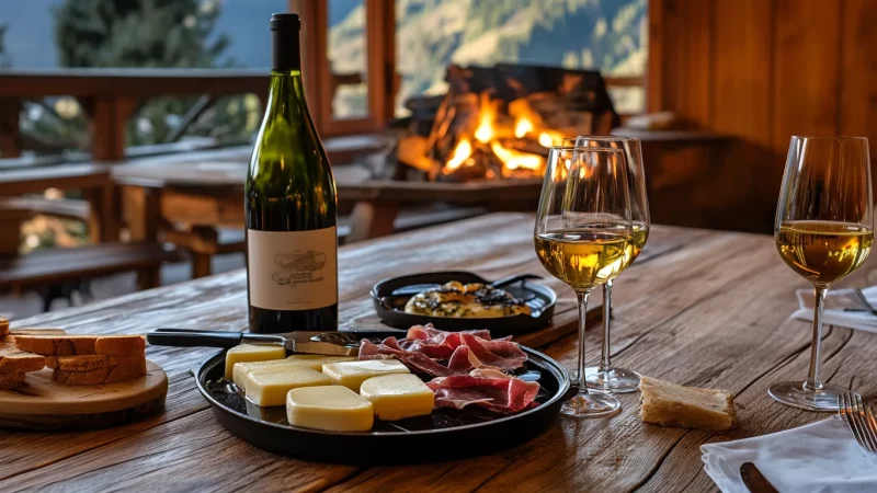 Du vin blanc à côté de raclette avec de la charcuterie