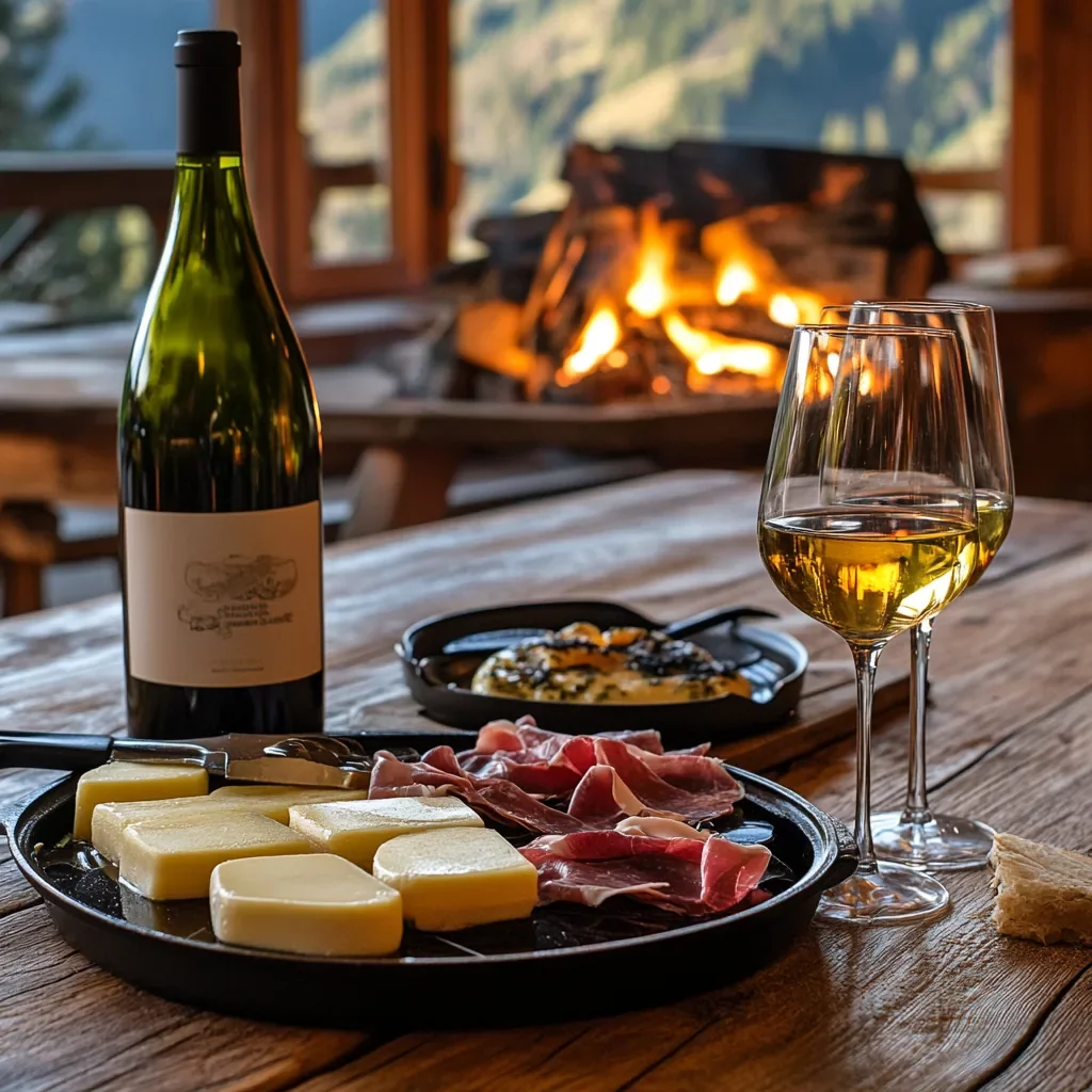 Vin blanc servi avec une raclette et de la charcuterie